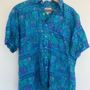 100% Thai silk vintage Men's Blue and Green Casual Button Down Shirt lightweight